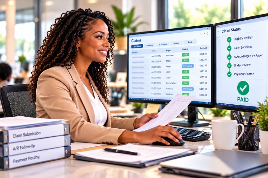 Billing specialist reviewing claim status on dual monitors, with a claim marked paid. Illustrative scene, not Danlyns staff.