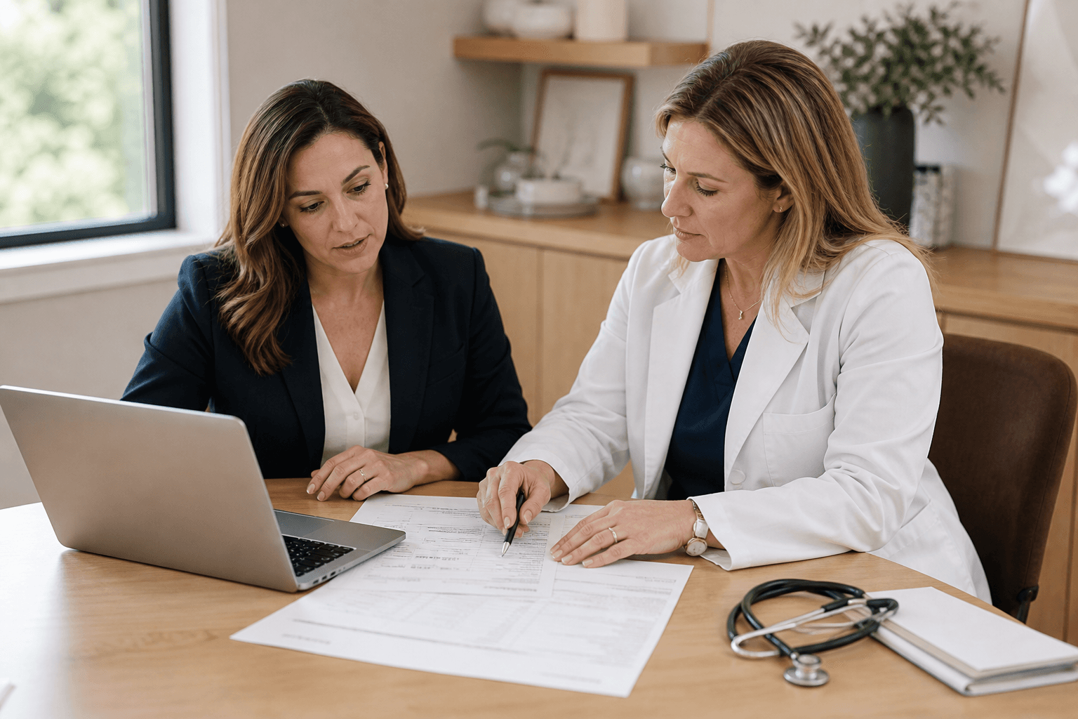 Physician and billing lead going over a denied claim. Illustrative scene, not Danlyns staff.