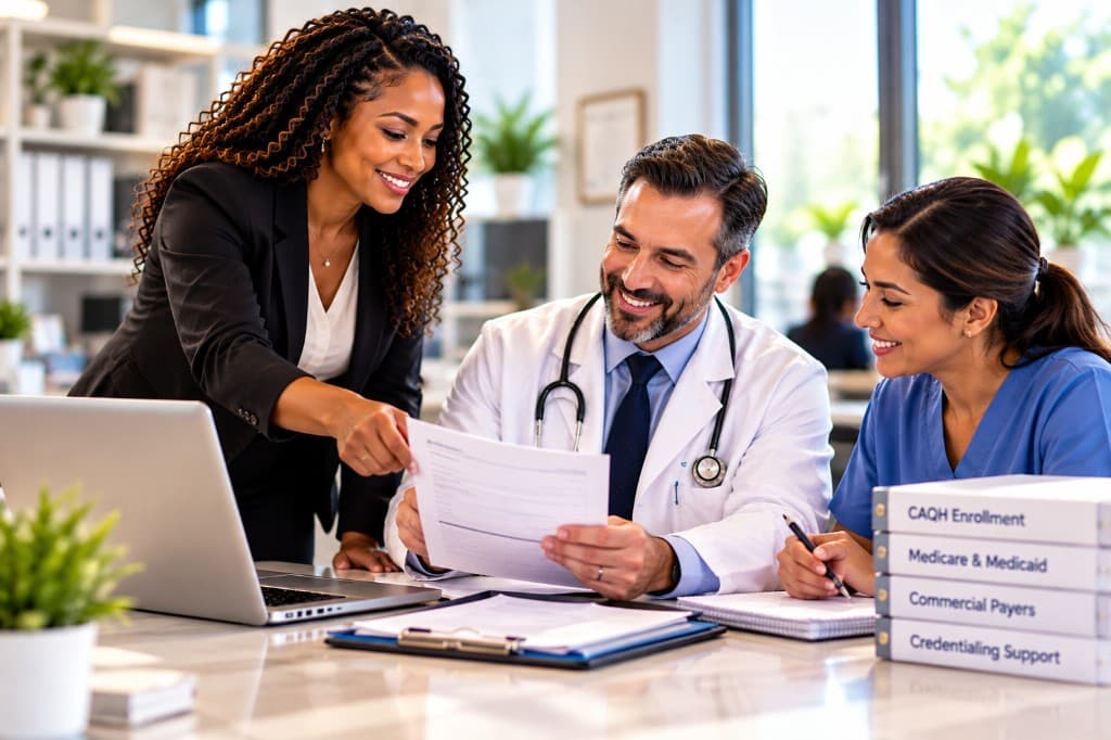 Consultant, physician, and clinical staff reviewing payer enrollment files. Illustrative scene, not Danlyns staff.