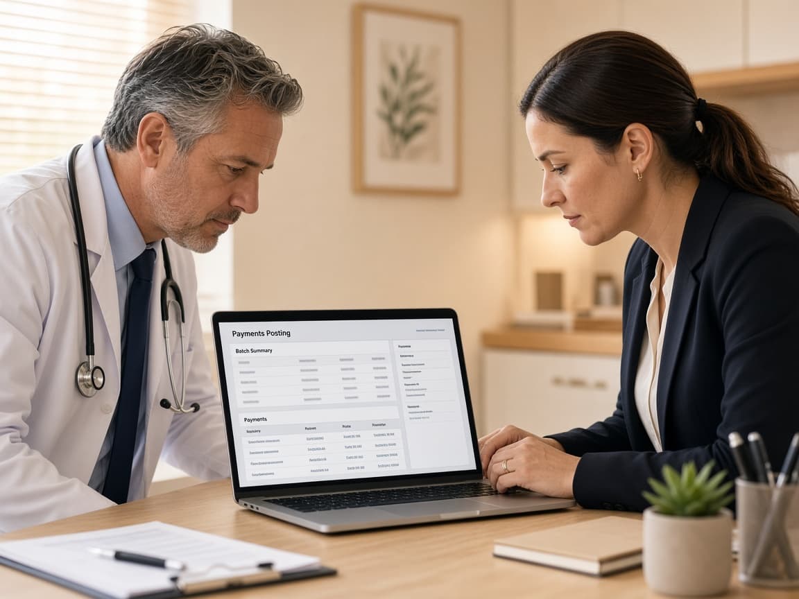 Physician and consultant reviewing how the practice is getting paid. Illustrative scene, not Danlyns staff.