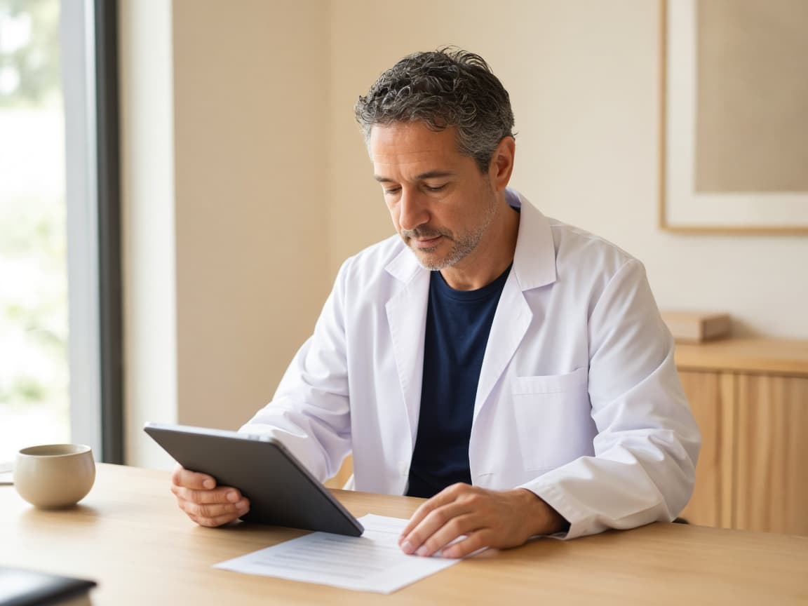 Physician reviewing a chart in clinic. Illustrative scene, not Danlyns staff.